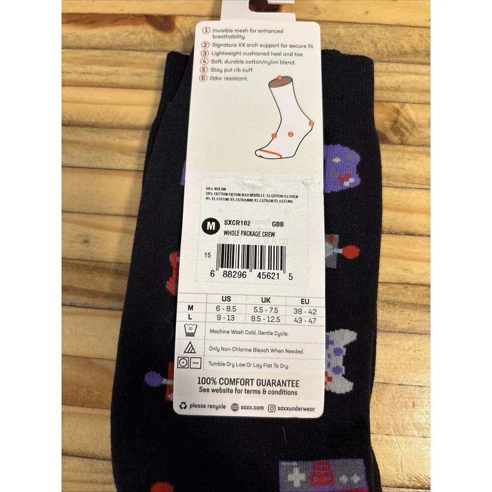 Saxx Cew Dress Socks Video Gamer Black New Gaming Performance Features Médium